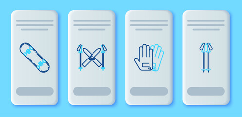 Set line Ski and sticks, Gloves, Skateboard trick and poles icon. Vector