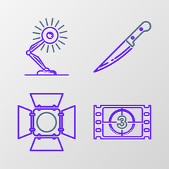 Set line Play Video, Movie spotlight, Knife and Table lamp icon. Vector