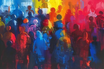 Abstract Crowd of Colorful People, Concept Illustration of Diversity and Unity, Digital Painting - obrazy, fototapety, plakaty