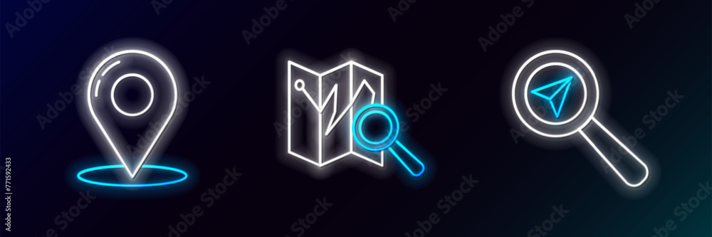 Poster set line search location, map pin and folded map with marker icon. glowing neon. vector