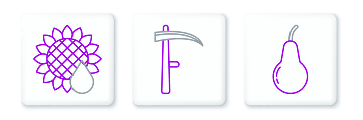 Set line Pear, Sunflower and Scythe icon. Vector