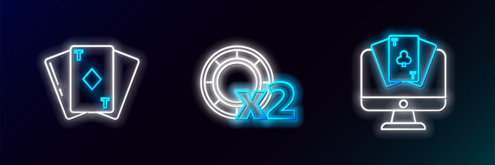 Set line Online poker table game, Playing card with diamonds and Casino chips icon. Glowing neon. Vector
