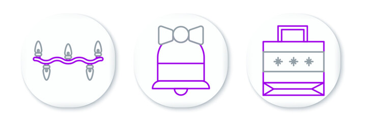 Set line Christmas paper shopping bag, lights and Merry ringing bell icon. Vector