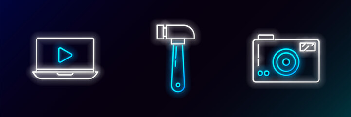 Set line Photo camera, Online play video and Hammer icon. Glowing neon. Vector