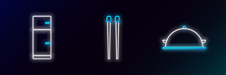 Set line Covered with a tray of food, Refrigerator and Food chopsticks icon. Glowing neon. Vector