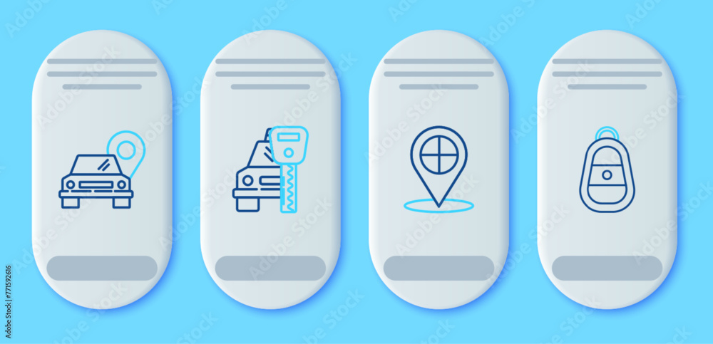 Poster set line car rental, map pointer with taxi, and key remote icon. vector