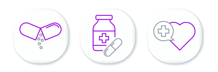 Set line Heart with a cross, Medicine pill or tablet and bottle and pills icon. Vector