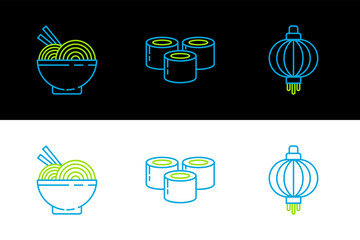 Set line Japanese paper lantern, Asian noodles in bowl and chopsticks and Sushi icon. Vector