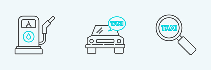 Set line Magnifying glass and taxi car, Petrol or Gas station and Taxi icon. Vector