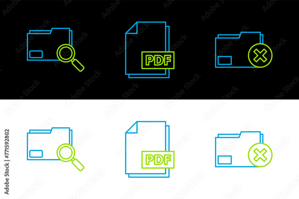 Poster set line delete folder, search concept with and pdf file document icon. vector