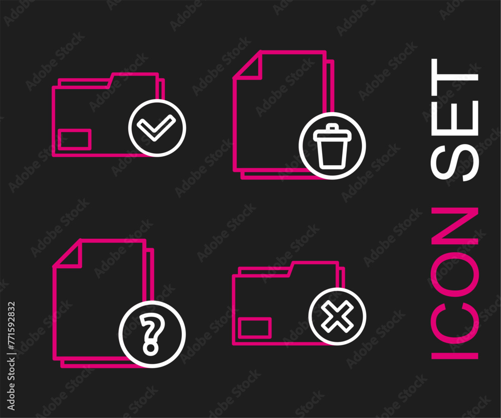 Poster set line delete folder, unknown document, file and document and check mark icon. vector