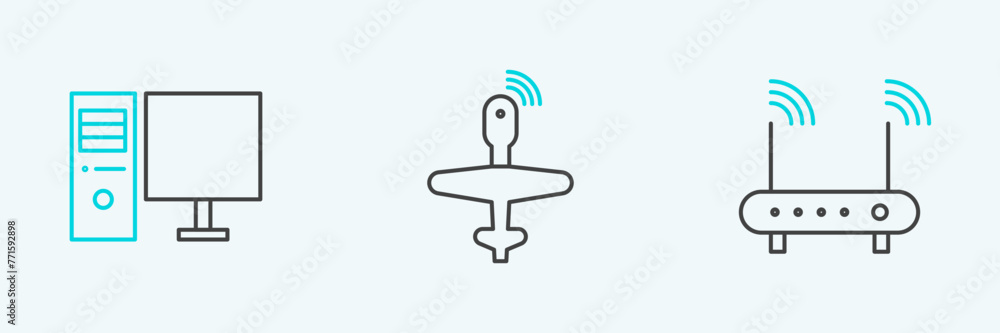 Aufkleber set line router and wi-fi signal, computer monitor and uav drone icon. vector