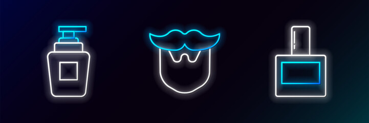 Set line Aftershave, Bottle of shampoo and Mustache and beard icon. Glowing neon. Vector