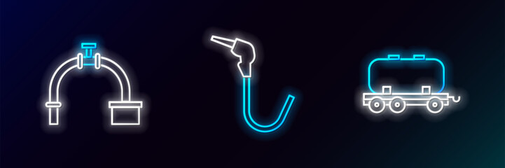 Set line Oil railway cistern, Industry pipe and valve and Gasoline pump nozzle icon. Glowing neon. Vector