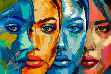 Abstract colorful human faces, modern art digital painting