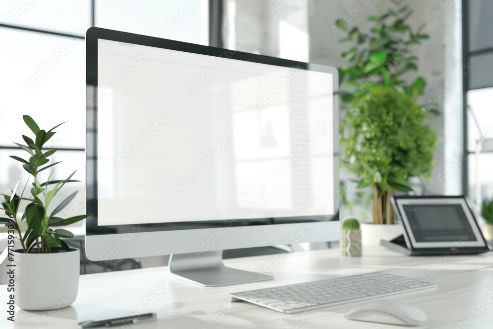Poster computer display mock-up with empty white emockup in bright modern office
