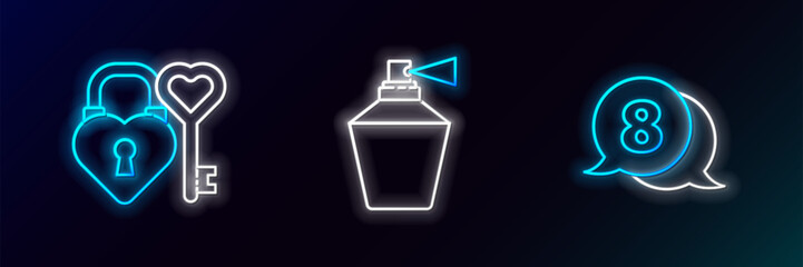 Set line 8 March in speech bubble, Castle and key heart shape and Perfume icon. Glowing neon. Vector