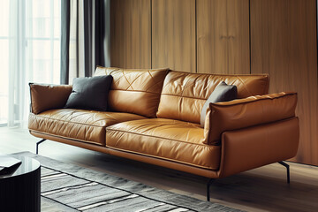 A European light brown leather three seater sofa, with brass legs, straight armrests with a square flat top, and black metal feet. The design is simple yet full of modern elements. - obrazy, fototapety, plakaty