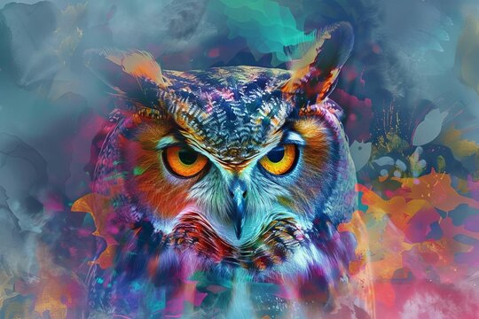 Abstract colorful double exposure owl portrait, artistic animal painting