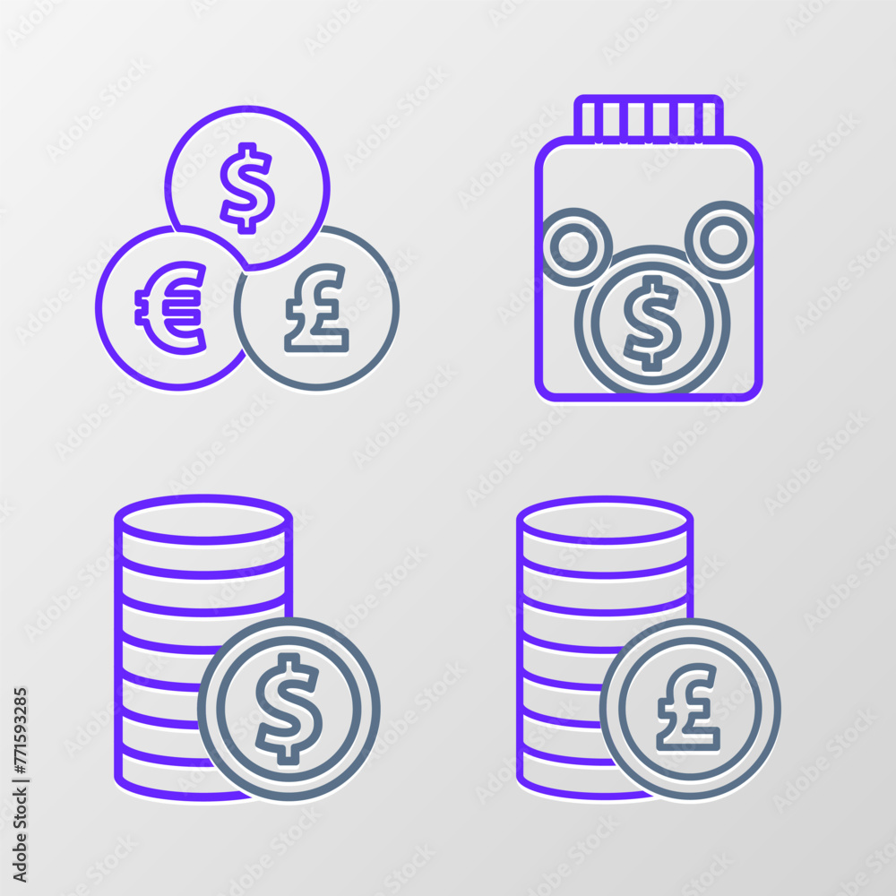 Wall mural Set line Coin money with pound, dollar, Glass jar coin and Currency exchange icon. Vector