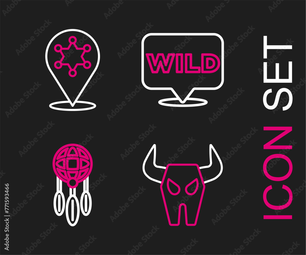 Poster set line buffalo skull, dream catcher with feathers, pointer to wild west and hexagram sheriff icon.