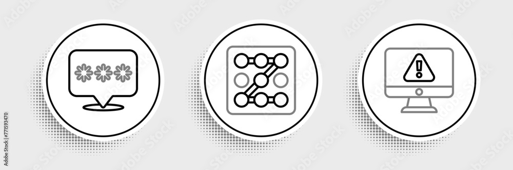 Poster set line monitor with exclamation mark, password protection and graphic password icon. vector