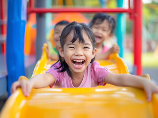 Happy kids sharing friendship, colorful playground, joyful and vibrant atmosphere
