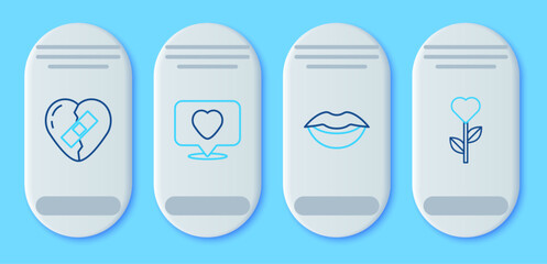 Set line Like and heart, Smiling lips, Healed broken and Heart shape flower icon. Vector