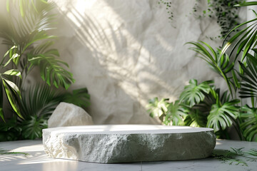 Stone podium for display product. forest plant nature background for cosmetic product branding, identity and packaging, Generative AI