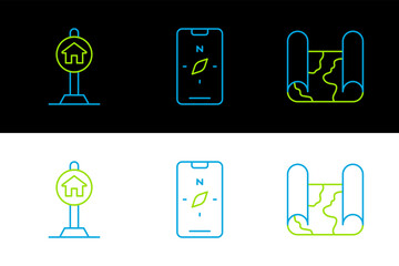 Set line Folded map, Hotel sign for traffic and Compass on mobile icon. Vector