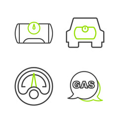 Set line Location and gas station, Motor gauge, Gas tank for vehicle and icon. Vector