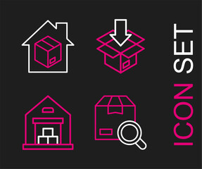 Set line Search package, Warehouse, Carton cardboard box and Home delivery services icon. Vector