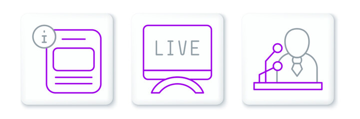 Set line Breaking news, Information and Live report icon. Vector