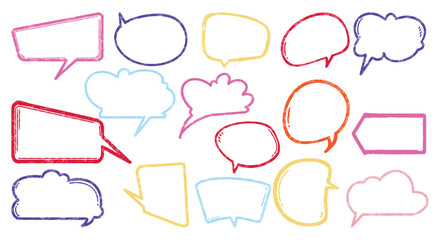 Cute crayon frame speech bubble hand draw set. Crayon chalk background speech bubble frame. Hand drawn chalk pencil dialog balloon, children color doodle text cloud. Vector illustration