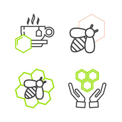 Set line Honeycomb and hands, Bee honeycomb, and Cup of tea with icon. Vector