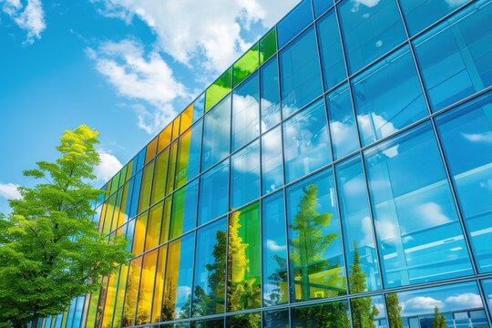 Eco friendly business with office building in bright mirror glass colors