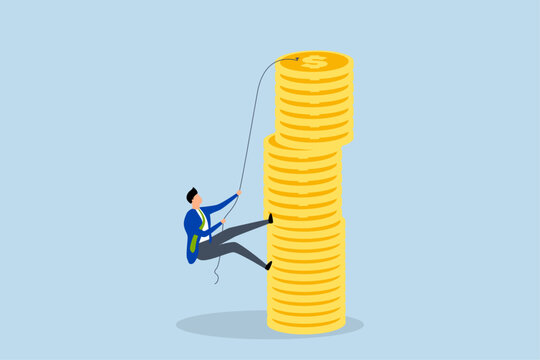 Financial goal, businessman is trying to reach the top of a stack of coins with a hard climbing rope.