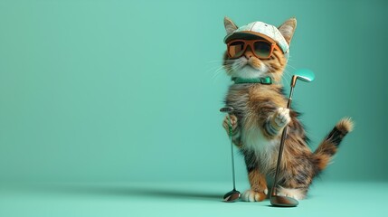 Surreal of a Tortoiseshell Cat Playing Golf with Club Visor and Shoes on Green Pastel Background - obrazy, fototapety, plakaty