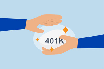 Protect your 401k in economic crisis, gently holding the businessman hand and covering the silver egg with the 401K label.