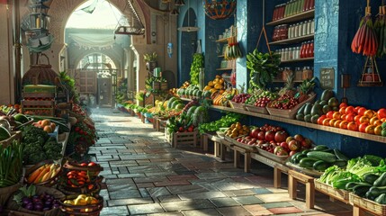 Fruits, Berries and Vegetables on the Counter at the Street Market - obrazy, fototapety, plakaty