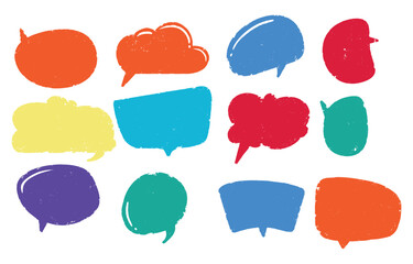 Cute crayon frame speech bubble hand draw set. Crayon chalk background speech bubble frame. Hand drawn chalk pencil dialog balloon, children color doodle text cloud. Vector illustration