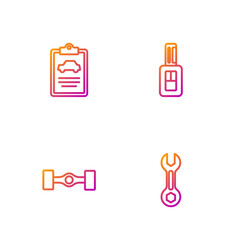 Set line Wrench spanner, Chassis car, Car inspection and key with remote. Gradient color icons. Vector