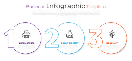 Set line Wooden box for fruits, Hanging sign with Open and Grape. Business infographic template. Vector