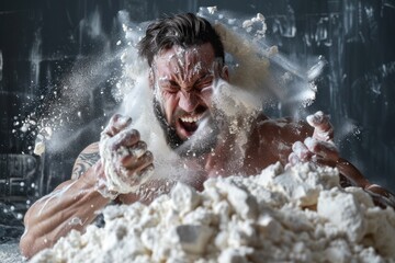 Extremely displeased body builder hitting huge pile of protein powder