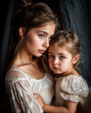 Two young girls, one older than the other, both dressed in white. They are posing for a picture. The older girl has her arm around the younger one, creating a sense of closeness and affection