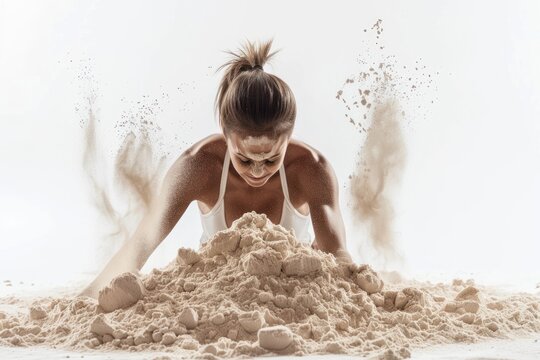 body builder woman protein powder solid white background
