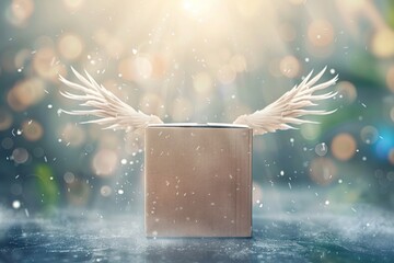 Fast parcel delivery service with cardboard box with wings flying to destination - obrazy, fototapety, plakaty