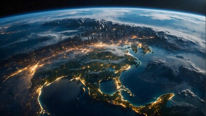 Ultra Detailed Earth View from Space. Blockchain Technology Interweaves with Communication Networks