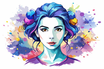 Attractive watercolor lovely girl face with hair style design.