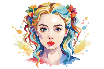Attractive watercolor lovely girl face with hair style design.